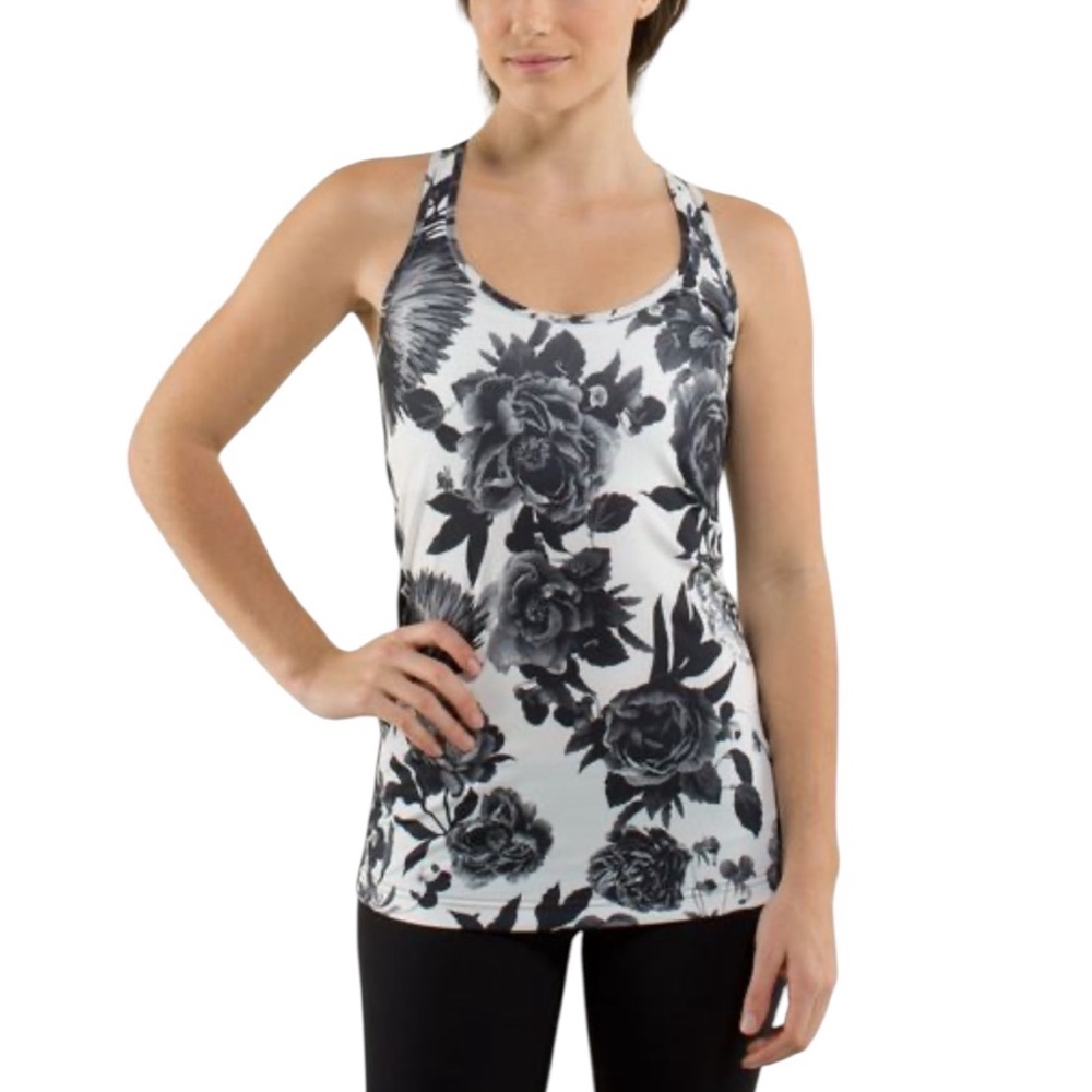 LULULEMON COOL RACERBACK TANK Light Luon Floral Black White Top